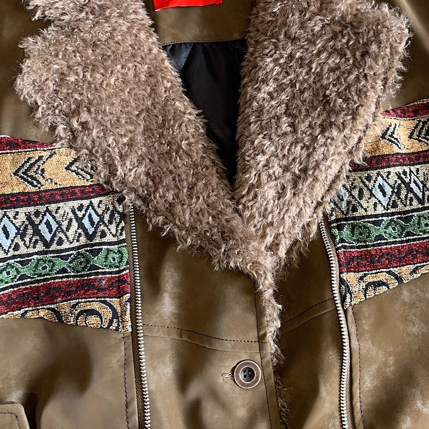 エスニックパターンボアカラーフェイクレザーブルゾン K0734