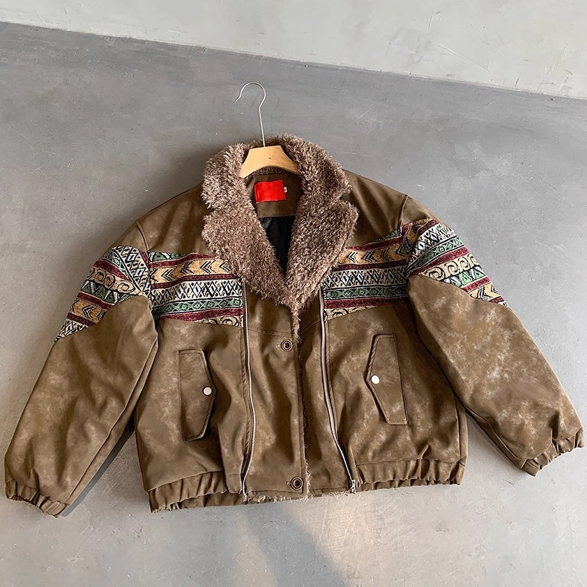 エスニックパターンボアカラーフェイクレザーブルゾン K0734