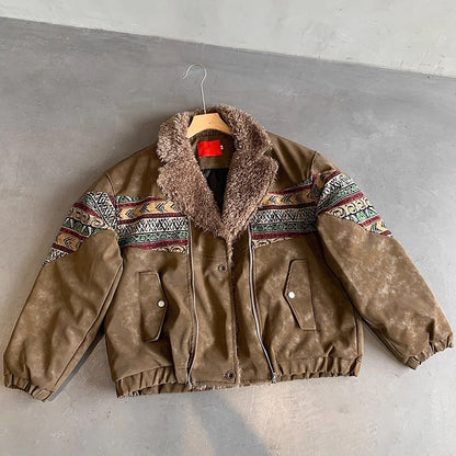 エスニックパターンボアカラーフェイクレザーブルゾン K0734