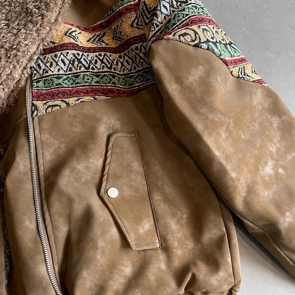 エスニックパターンボアカラーフェイクレザーブルゾン K0734