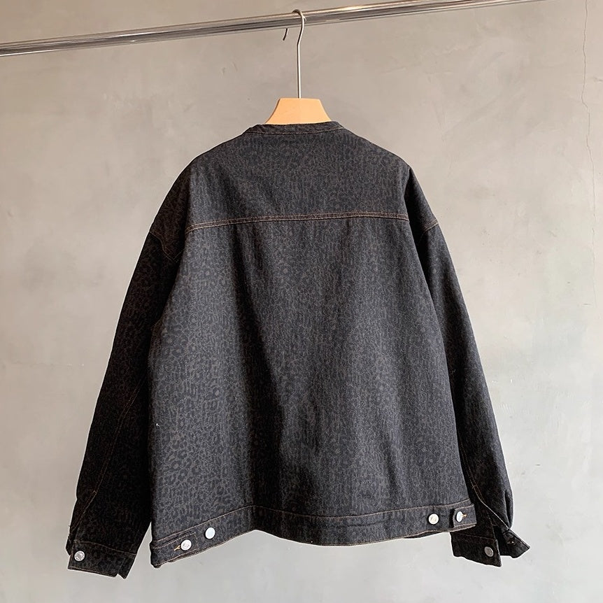 レオパードパターンノーカラーデニムジャケット K0732