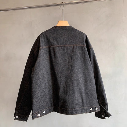 レオパードパターンノーカラーデニムジャケット K0732