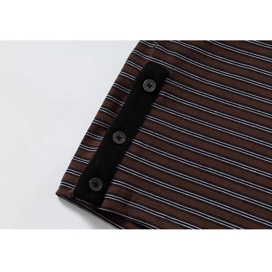 サイドボタンレトロボーダーロングTシャツ K0860