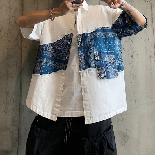 ペイズリーブロッキング半袖シャツ K0879