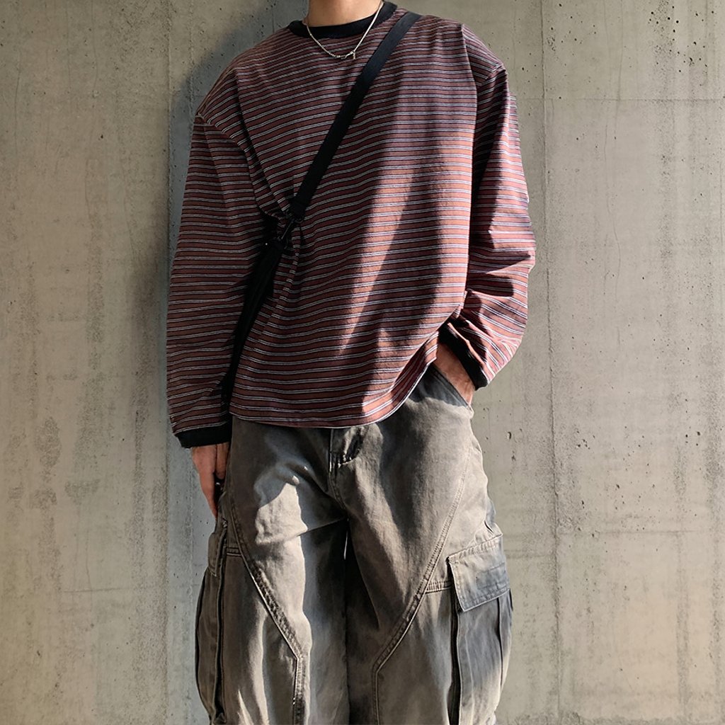 サイドボタンレトロボーダーロングTシャツ K0860