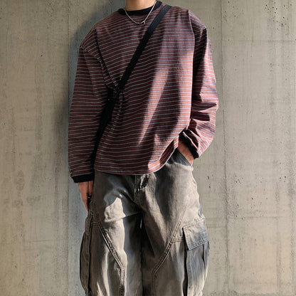 サイドボタンレトロボーダーロングTシャツ K0860