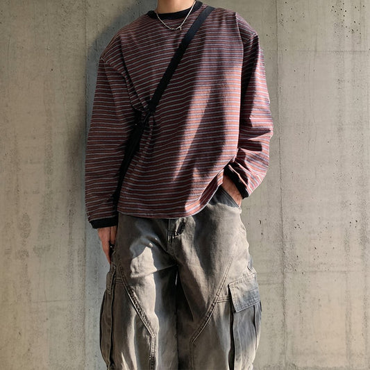 サイドボタンレトロボーダーロングTシャツ K0860