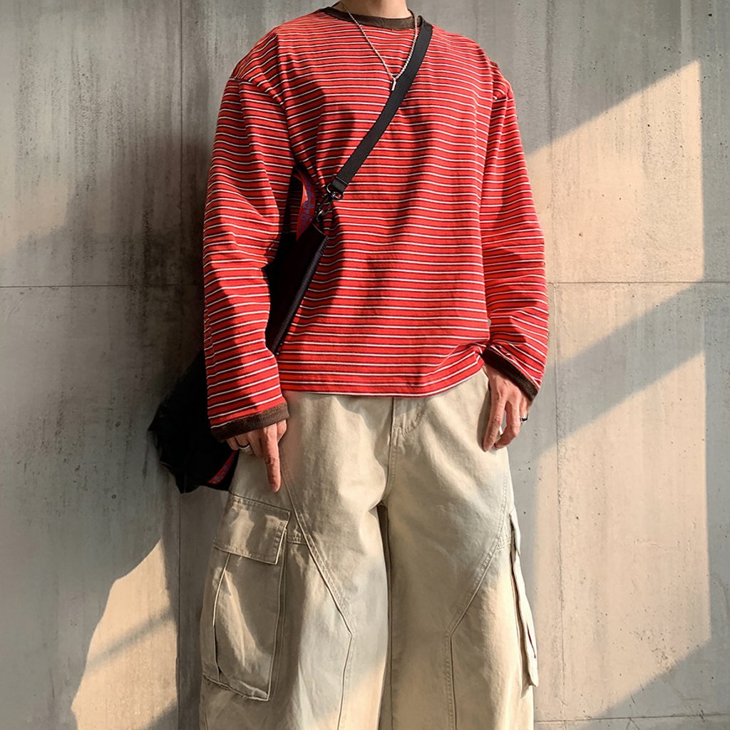 サイドボタンレトロボーダーロングTシャツ K0860