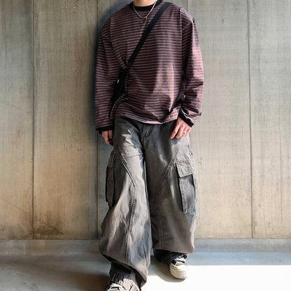 サイドボタンレトロボーダーロングTシャツ K0860